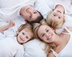 Family lying on bed